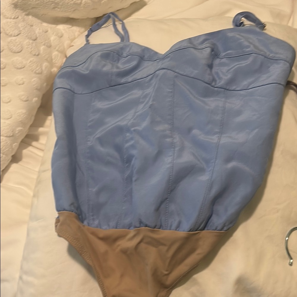 Amanda Uprichard Blue and Tan Bodysuit